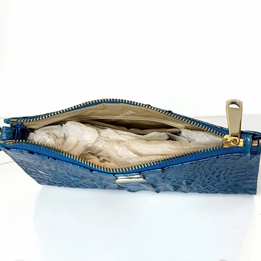 Brahmin Daisy Vibrant Azure Melbourne Leather Wristlet Clutch Blue NWT Dust Bag